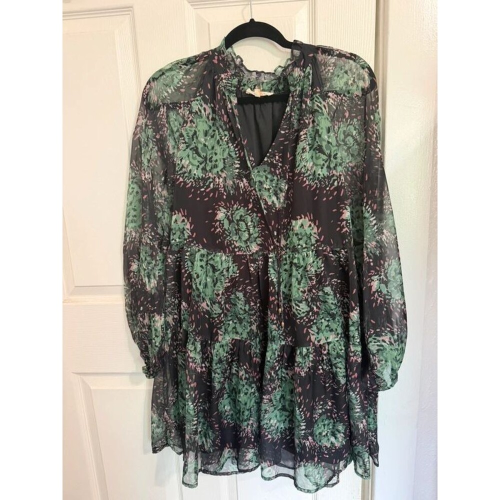 Entro Black Chiffon Tiered Dress Green/Pink Floral Size M